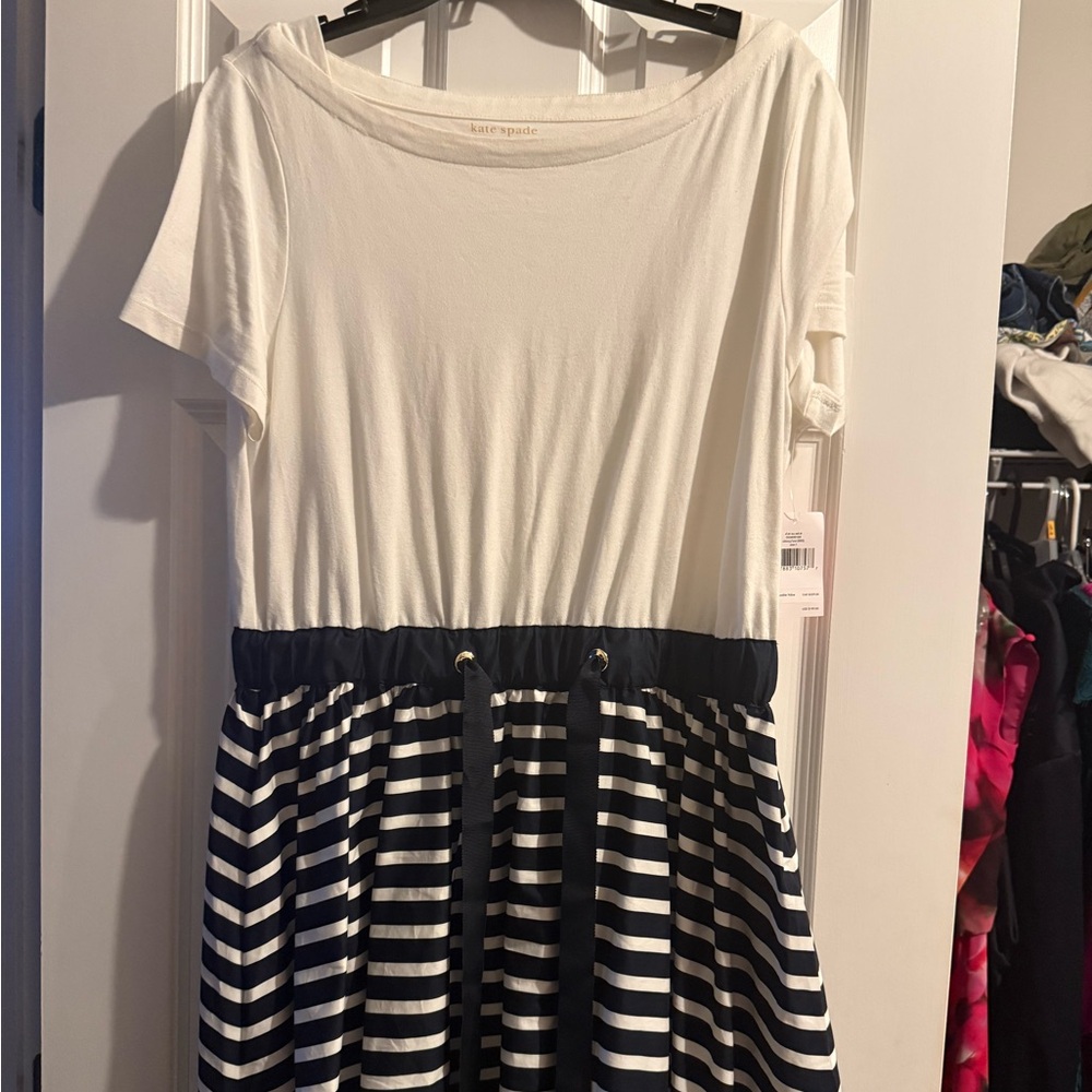 kate spade cream and navy striped dress with drawstring waist